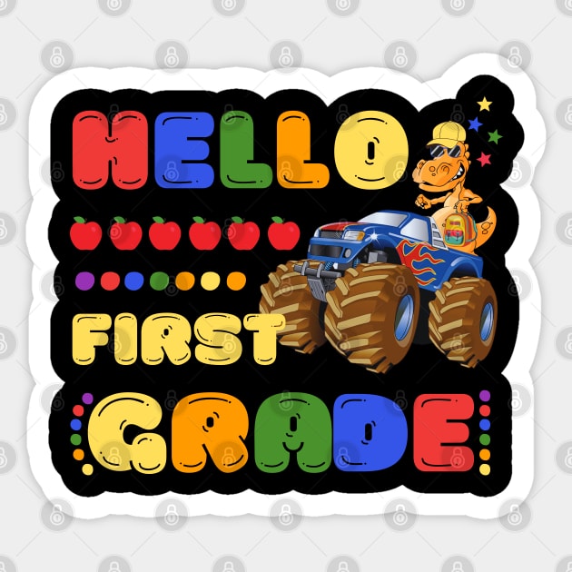 Hello First Grade, Funny Dinosaur Monster Truck Back To School Sticker by JustBeSatisfied